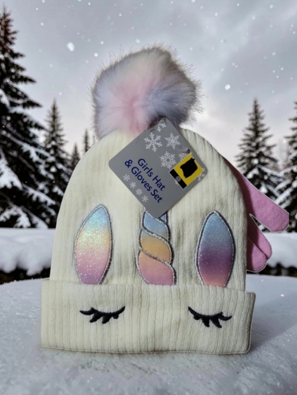NWT Girls Knit Sparkle Unicorn White Hat Beanie Cap Pastel Pom Pom & Pink Gloves